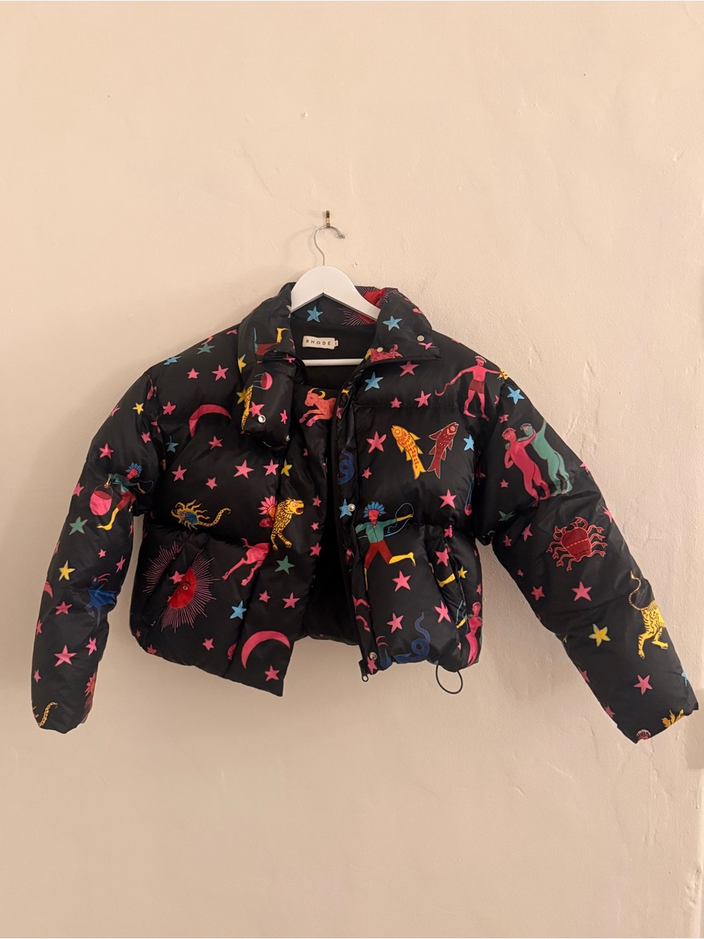 RHODE Black Puffer Jacket Zodiac Print